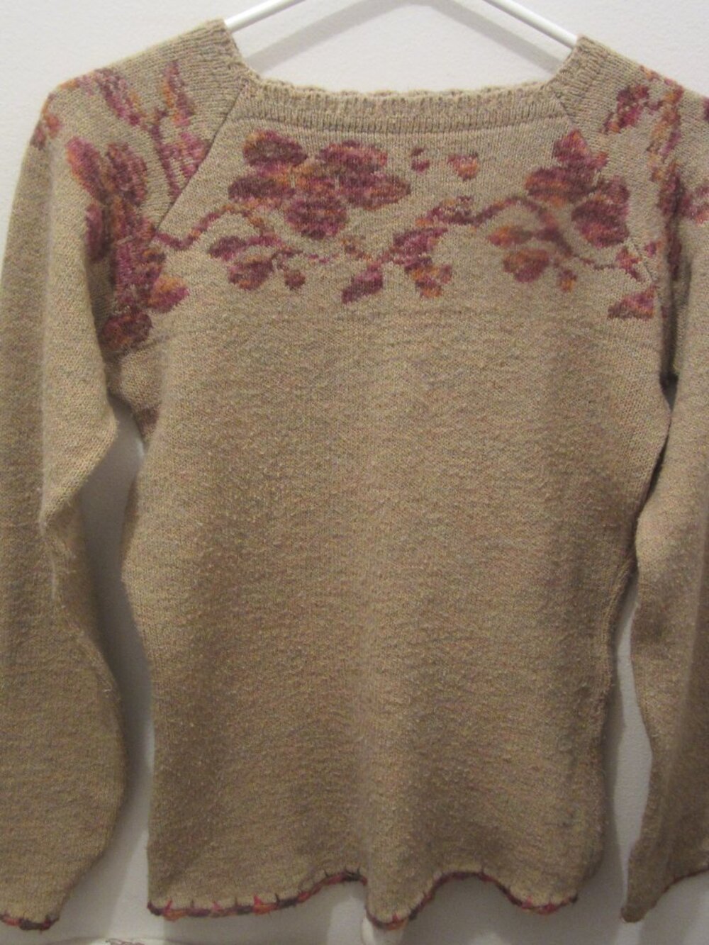 Sweater, Size Small, Colour Tan with Burgundy/Peach Embroidery